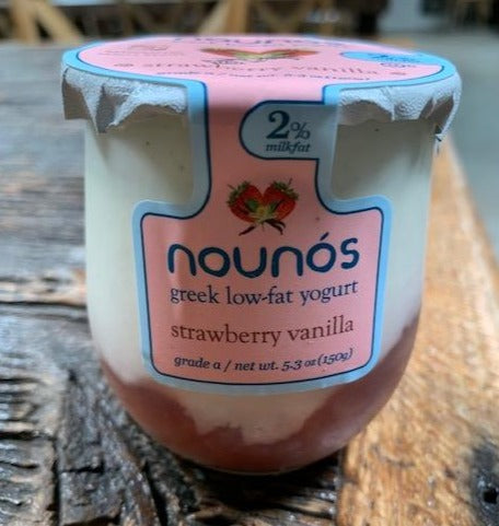 Dairy, Nounos 2% Greek Yogurt, Strawberry Vanilla, glass jar, 5.3oz