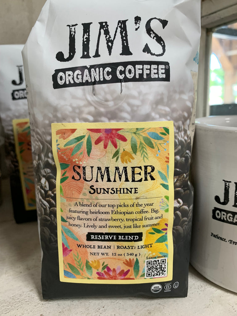 Coffee, Jim's Organics, Summer Sunshine Blend Coffee,  light roast,whole bean, 12oz.